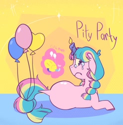 Size: 1011x1024 | Tagged: safe, artist:melodymelanchol, oc, oc only, oc:pity party, earth pony, pony, abstract background, balloon, candlehead, female, looking back, lying down, mare, prone, solo