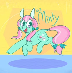 Size: 1080x1094 | Tagged: safe, artist:melodymelanchol, minty, earth pony, pony, g3, abstract background, eye clipping through hair, female, mare, solo