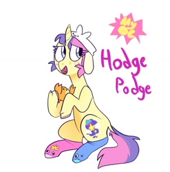 Size: 1080x1094 | Tagged: safe, artist:melodymelanchol, oc, oc only, oc:hodge podge, pony, unicorn, clothes, curved horn, female, hat, horn, mare, plushie, simple background, socks, solo, white background