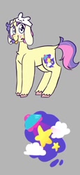 Size: 368x800 | Tagged: safe, artist:melodymelanchol, oc, oc only, oc:hodge podge, pony, unicorn, chest fluff, curved horn, female, gray background, hat, horn, mare, reference sheet, simple background, solo, tongue out, unshorn fetlocks