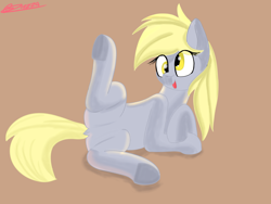 Size: 2000x1500 | Tagged: safe, artist:kenzie, derpy hooves, pegasus, pony, g4, brown background, featureless crotch, lying down, on side, paint tool sai, signature, simple background, simple shading, solo, spread legs, spreading, underhoof, wall eyed
