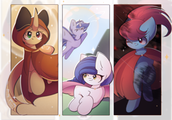 Size: 2880x2000 | Tagged: safe, artist:miryelis, oc, oc only, oc:brave boi, oc:rainven wep, earth pony, pegasus, pony, unicorn, big ears, cape, clothes, crossover, flying, full body, horn, journey, long hair, smiling