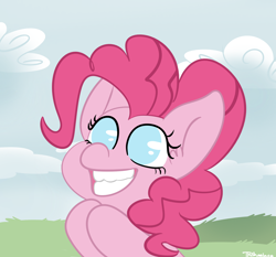 Size: 2052x1914 | Tagged: safe, artist:tkshoelace, pinkie pie, earth pony, pony, g4, cloud, hooves together, smiling, solo