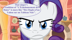 Size: 1920x1080 | Tagged: safe, edit, edited screencap, editor:korora, screencap, rarity, g4, look before you sleep, claude debussy, french, golden oaks library, paul verlaine, rarity is not amused, speech bubble, translated in the description, unamused