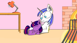 Size: 1920x1080 | Tagged: safe, artist:icycrymelon, shining armor, twilight sparkle, pony, unicorn, g4, colt, colt shining armor, cute, female, filly, filly twilight sparkle, fireplace, floor, horn, lamp, male, shining adorable, siblings, sleeping, table, twiabetes, wholesome, younger