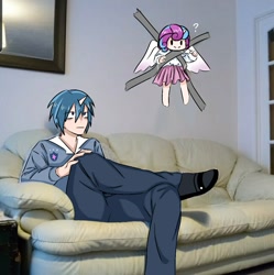 Size: 1077x1082 | Tagged: safe, artist:jin8778991, princess flurry heart, shining armor, human, annoyed, clothes, couch, duct tape, edited photo, father and child, father and daughter, female, horn, horned humanization, humanized, male, meme, pants, ponified meme, question mark, shirt, shoes, skirt, smiling, tape, taped to the wall, winged humanization, wings