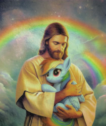Size: 4200x5000 | Tagged: source needed, safe, ai assisted, ai content, rainbow dash, human, pegasus, pony, g4, christianity, cute, dashabetes, duo, female, holding a pony, hug, human and pony, human male, jesus christ, male, mare, painting, rainbow, religion, renaissance