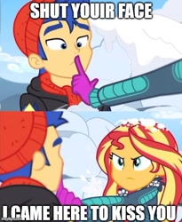 Size: 500x609 | Tagged: safe, screencap, flash sentry, sunset shimmer, equestria girls, g4, caption, engrish, female, image macro, imgflip, male, meme, ship:flashimmer, shipping, snow, straight, text
