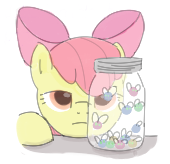 Size: 170x164 | Tagged: safe, artist:kleyime, apple bloom, earth pony, parasprite, pony, album cover, alice in chains, bow, jar, jar of flies, ponified, ponified album cover, simple background, solo, white background