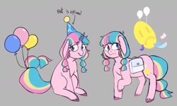 Size: 1662x996 | Tagged: safe, artist:melodymelanchol, oc, oc only, oc:pity party, earth pony, pony, bag, balloon, candle, candlehead, female, gray background, hat, mare, party hat, reference sheet, saddle bag, simple background, solo