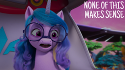 Size: 1920x1080 | Tagged: safe, edit, edited screencap, editor:quoterific, screencap, izzy moonbow, pony, unicorn, g5, my little pony: make your mark, my little pony: make your mark chapter 6, the isle of scaly, spoiler:g5, spoiler:my little pony: make your mark, spoiler:my little pony: make your mark chapter 6, spoiler:mymc06e01, female, glasses, horn, izzy's crafting glasses, mare, solo