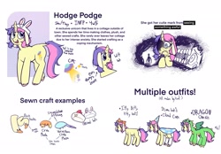 Size: 1920x1340 | Tagged: safe, artist:melodymelanchol, oc, oc only, oc:hodge podge, alien, crab, horseshoe crab, pony, unicorn, cape, clothes, crying, female, floppy ears, hat, horn, mare, onesie, party hat, pigtails, plushie, pronouns, reference sheet, socks, solo, standing, ufo, unicorn oc, unshorn fetlocks