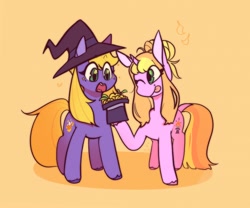 Size: 2048x1708 | Tagged: safe, artist:melodymelanchol, oc, oc only, earth pony, pony, unicorn, duo, female, hat, horn, magician, mare, simple background, top hat, unshorn fetlocks, witch hat, yellow background