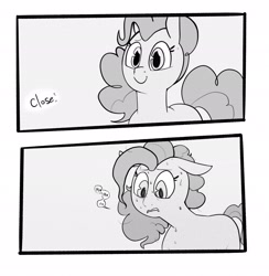 Size: 2002x2048 | Tagged: safe, artist:melodymelanchol, pinkie pie, earth pony, pony, comic:rotten harmony, black and white, comic, dialogue, female, grayscale, mare, monochrome, screentone, solo, speech bubble, sweat, sweating profusely