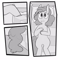 Size: 2002x2048 | Tagged: safe, artist:melodymelanchol, pinkie pie, earth pony, pony, comic:rotten harmony, g4, bed, black and white, comic, female, grayscale, lying down, mare, monochrome, screentone, solo