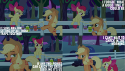 Size: 2000x1125 | Tagged: safe, edit, edited screencap, editor:quoterific, screencap, apple bloom, applejack, earth pony, pony, g4, going to seed, apple, apple tree, applejack is best facemaker, fence, night, trap (device), tree