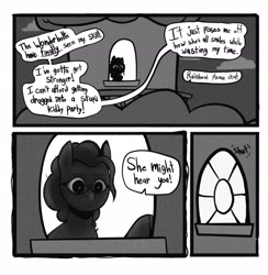 Size: 2002x2048 | Tagged: safe, artist:melodymelanchol, pinkie pie, earth pony, pony, comic:rotten harmony, g4, black and white, comic, dialogue, female, grayscale, implied fluttershy, implied rainbow dash, implied rarity, mare, monochrome, solo, speech bubble
