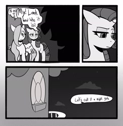 Size: 2002x2048 | Tagged: safe, artist:melodymelanchol, fluttershy, rarity, pegasus, pony, unicorn, comic:rotten harmony, black and white, comic, dialogue, female, grayscale, horn, implied twilight sparkle, mare, monochrome, speech bubble, teary eyes