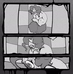 Size: 2002x2048 | Tagged: safe, artist:melodymelanchol, pinkie pie, earth pony, pony, comic:rotten harmony, black and white, comic, curled up, female, grayscale, lying down, mare, monochrome, solo, sweat, sweating profusely