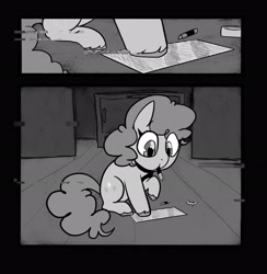 Size: 2002x2048 | Tagged: safe, artist:melodymelanchol, pinkie pie, earth pony, pony, comic:rotten harmony, g4, black and white, comic, drawing, female, filly, filly pinkie pie, grayscale, monochrome, solo, younger