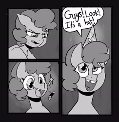 Size: 2002x2048 | Tagged: safe, artist:melodymelanchol, pinkie pie, earth pony, pony, comic:rotten harmony, black and white, comic, female, filly, filly pinkie pie, grayscale, hat, marker, monochrome, party hat, solo, younger