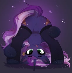 Size: 3562x3620 | Tagged: safe, artist:empress-twilight, oc, oc only, oc:mercurial, pony, unicorn, belly, belly button, blushing, butt, chest fluff, clothes, dock, ear fluff, face down ass up, featureless crotch, female, horn, looking at you, looking between legs, plot, simple background, socks, solo, tail, tongue out