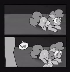 Size: 2002x2048 | Tagged: safe, artist:melodymelanchol, pinkie pie, earth pony, pony, comic:rotten harmony, black and white, comic, dialogue, female, filly, filly pinkie pie, grayscale, hat, lying down, monochrome, party hat, prone, scared, speech bubble, teary eyes, unshorn fetlocks, younger