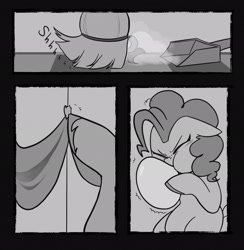 Size: 2002x2048 | Tagged: safe, artist:melodymelanchol, pinkie pie, earth pony, pony, comic:rotten harmony, g4, balloon, belly, black and white, blowing up balloons, broom, comic, dustpan, female, grayscale, inflating, mare, monochrome, unshorn fetlocks