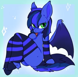 Size: 1015x1005 | Tagged: safe, artist:lovelock, oc, oc only, oc:guard cobalt flash, bat pony, semi-anthro, :p, bat pony oc, clothes, commission, femboy, leg warmers, male, socks, solo, tongue out, unshorn fetlocks, ych result