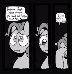 Size: 2002x2048 | Tagged: safe, artist:melodymelanchol, pinkie pie, earth pony, pony, comic:rotten harmony, g4, black and white, comic, crying, dialogue, female, grayscale, mare, monochrome, solo, speech bubble, unshorn fetlocks