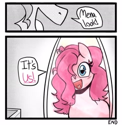 Size: 2002x2048 | Tagged: safe, artist:melodymelanchol, pinkie pie, earth pony, pony, comic:rotten harmony, g4, alternate hairstyle, comic, dialogue, female, hair over one eye, mare, mirror, screentone, solo, speech bubble