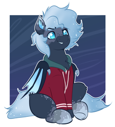 Size: 2272x2512 | Tagged: safe, artist:witchtaunter, oc, bat pony, pony, bat pony oc, chest fluff, clothes, commission, cute, eyebrows, hoodie, no pupils, raised eyebrow, smiling, smirk