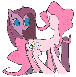 Size: 731x740 | Tagged: safe, artist:ponykip, pinkie pie, earth pony, pony, g4, blue eyes, colored, curly mane, curly tail, duality, female, flat colors, looking at each other, looking at someone, mare, ms paint, pink coat, pink mane, pink tail, pinkamena diane pie, self paradox, self ponidox, shrunken pupils, simple background, straight mane, straight tail, tail, white background