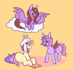Size: 2048x1952 | Tagged: safe, artist:melodymelanchol, oc, oc only, oc:hodge podge, oc:melody, oc:twilight snivy, alicorn, pony, unicorn, alicorn oc, cloud, curved horn, fake wings, female, floppy ears, horn, lying down, mare, on a cloud, plushie, prone, simple background, spread wings, unshorn fetlocks, wings, yellow background