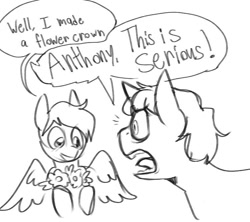 Size: 750x666 | Tagged: safe, artist:melodymelanchol, pegasus, pony, unicorn, anthony padilla, black and white, dialogue, duo, floral head wreath, flower, grayscale, horn, ian hecox, male, monochrome, ponified, simple background, sketch, smosh, speech bubble, stallion, white background