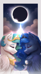 Size: 2850x5175 | Tagged: safe, alternate version, artist:serenity, princess celestia, princess luna, alicorn, g4, 2024 solar eclipse, alicorns only, chest fluff, cloud, duo, duo female, eclipse, eyes closed, feathered wings, female, fluffy, folded wings, glowing, glowing horn, high res, horn, horns are touching, jewelry, magic, moon, peytral, regalia, royal sisters, siblings, sisters, sisters being sisters, solar eclipse, stars, sun, sunset, wings