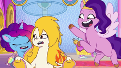 Size: 1280x720 | Tagged: safe, screencap, flare (g5), misty brightdawn, pipp petals, pegasus, pony, unicorn, g5, my little pony: tell your tale, the blockywockys, spoiler:g5, spoiler:my little pony: tell your tale, spoiler:tyts02e00, adorapipp, animated, cute, female, gif, horn, mane melody (location), mare, mistybetes, rebirth misty, sparkles, starry eyes, trio, trio female, wingding eyes