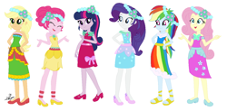 Size: 1256x620 | Tagged: safe, artist:machakar52, artist:selenaede, applejack, fluttershy, pinkie pie, rainbow dash, rarity, twilight sparkle, alicorn, human, equestria girls, g4, base used, blue dress, bridesmaid, bridesmaid dress, bridesmaids, clothes, dress, eyes closed, green dress, hand on hip, high heels, looking at you, mane six, open mouth, open smile, pink dress, rainbow dress, shoes, simple background, smiling, strapless, twilight sparkle (alicorn), white background, yellow dress