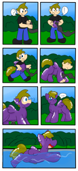 Size: 1735x3761 | Tagged: safe, artist:joltink, oc, oc only, oc:sky charger, human, inflatable pony, pegasus, pooltoy pony, happy, hose, human to pony, inflatable, male, swimming pool, transformation, transformation sequence