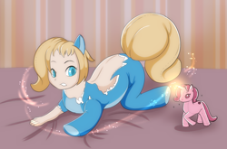 Size: 1942x1285 | Tagged: safe, artist:luxianne, oc, oc only, human, pony, unicorn, female, frown, horn, human to pony, inanimate tf, lying down, magic, plushie, plushification, prone, transformation