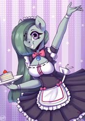 Size: 3500x5000 | Tagged: safe, artist:shadowreindeer, marble pie, earth pony, anthro, g4, breasts, busty marble pie, cake, cleavage, clothes, eye clipping through hair, food, grin, hair over one eye, maid, raised arm, smiling, solo