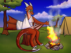 Size: 960x720 | Tagged: safe, artist:thornshadow, oc, oc only, oc:ash, dragon, wyvern, bandage, broken bone, broken wing, bruised, campfire, camping, cast, claws, colored wings, commission, dragon oc, dragonified, fire, injured, magic, male, non-pony oc, outdoors, pyrokinesis, sling, species swap, tail, tent, tree, tree stump, wings