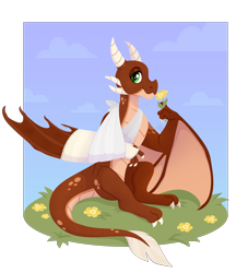 Size: 3000x3300 | Tagged: safe, artist:kabuvee, oc, oc only, oc:ash, dragon, wyvern, bandage, broken bone, broken wing, bruised, cast, claws, colored wings, commission, dragon oc, dragonified, flower, grass, injured, male, non-pony oc, sling, smiling, solo, species swap, tail, wings