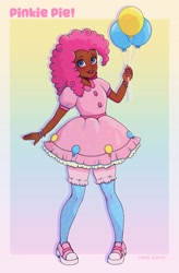 Size: 2100x3200 | Tagged: safe, artist:lovelylaurenarts, pinkie pie, human, g4, alternate hairstyle, balloon, blushing, bracelet, clothes, cute, dark skin, diapinkes, dress, female, gradient background, humanized, jewelry, nail polish, no more ponies at source, open mouth, shoes, shorts, sneakers, socks, solo, stockings, thigh highs