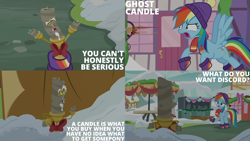 Size: 2000x1125 | Tagged: safe, edit, edited screencap, editor:quoterific, screencap, discord, rainbow dash, pegasus, pony, g4, my little pony best gift ever, candle, snow