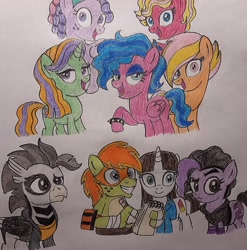 Size: 1450x1468 | Tagged: safe, artist:jebens1, half note, melody, pretty beat, sweet notes, tuneful, earth pony, hippogriff, pegasus, unicorn, anthro, g1, angel (tmnt), buffy shellhammer, carter (tmnt), dialogue in the description, eyebrows, front view, horn, michelangelo, notepad, raised eyebrow, rockin' beats, singing, smiling, sofia the first, song in the description, song reference, traditional art