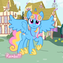 Size: 600x600 | Tagged: safe, artist:rainbott, artist:user15432, oc, oc only, oc:rainbow seaheart, alicorn, pony, blue coat, clothes, crown, female, jewelry, looking at you, mare, multicolored hair, necklace, picrew, pink eyes, ponysona creator, ponyville, rainbow hair, rainbow tail, raised hoof, regalia, seashell necklace, shoes, smiling, solo, tail