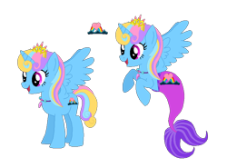 Size: 840x621 | Tagged: safe, artist:selenaede, artist:user15432, oc, oc:rainbow seaheart, alicorn, mermaid, merpony, pony, base used, crown, cutie mark, fins, fish tail, jewelry, mermaid tail, mermaidized, merpony oc, multicolored hair, necklace, open mouth, open smile, rainbow hair, rainbow tail, reference sheet, regalia, seashell necklace, simple background, smiling, species swap, tail, transparent background