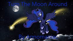 Size: 1280x720 | Tagged: safe, artist:annomaniac, artist:user15432, princess luna, alicorn, pony, g4, animated, cloud, flying, link in description, moon, music, night, night sky, shooting star, sky, smiling, solo, sound, sound only, stars, webm, youtube link