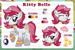 Size: 1100x732 | Tagged: safe, artist:jennieoo, oc, oc:kitty belle, pony, unicorn, adoptable, adoptable open, auction, auction open, cutie mark, eye, eyes, happy, horn, looking at you, mole, one eye closed, piercing, reference sheet, smiling, smiling at you, solo, tongue piercing, wink